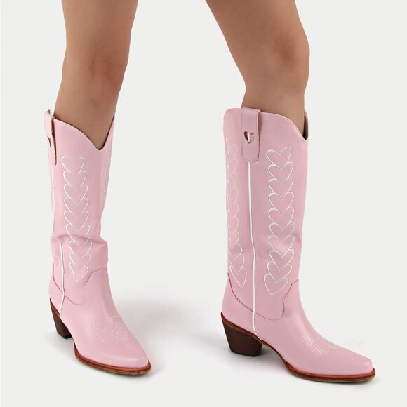 Women's Cream Hearts Cute Embroidery Chunky Knee Block High Heel Western Boots - Picture 7 of 7